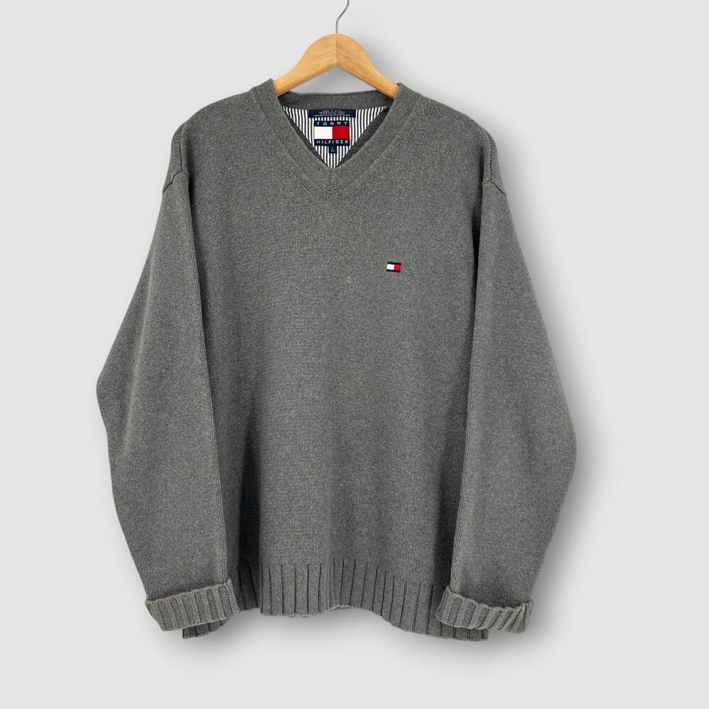90s Y2k Vintage Tommy Hilfiger Gray V-Neck Cotton Logo Sweater Size Large